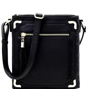Black Tassel Braid Multi Compartment Crossbody Bag
